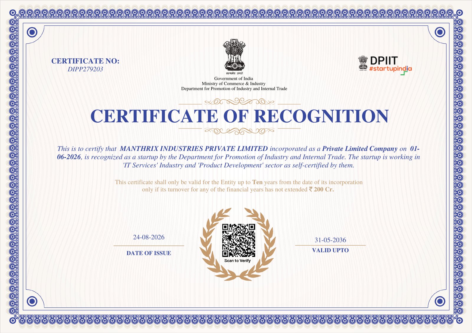 DPIIT Certificate of Recognition — Manthrix Industries Private Limited, Certificate No. DIPP279203, issued 24 August 2026, valid until 31 May 2036